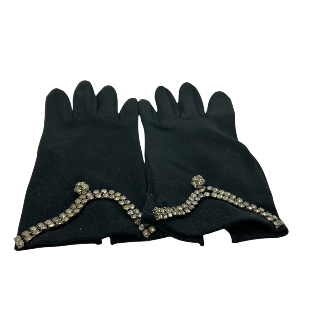 VTG Weinberger Germany Black Nylon Short Gloves Rhinestone Embellished